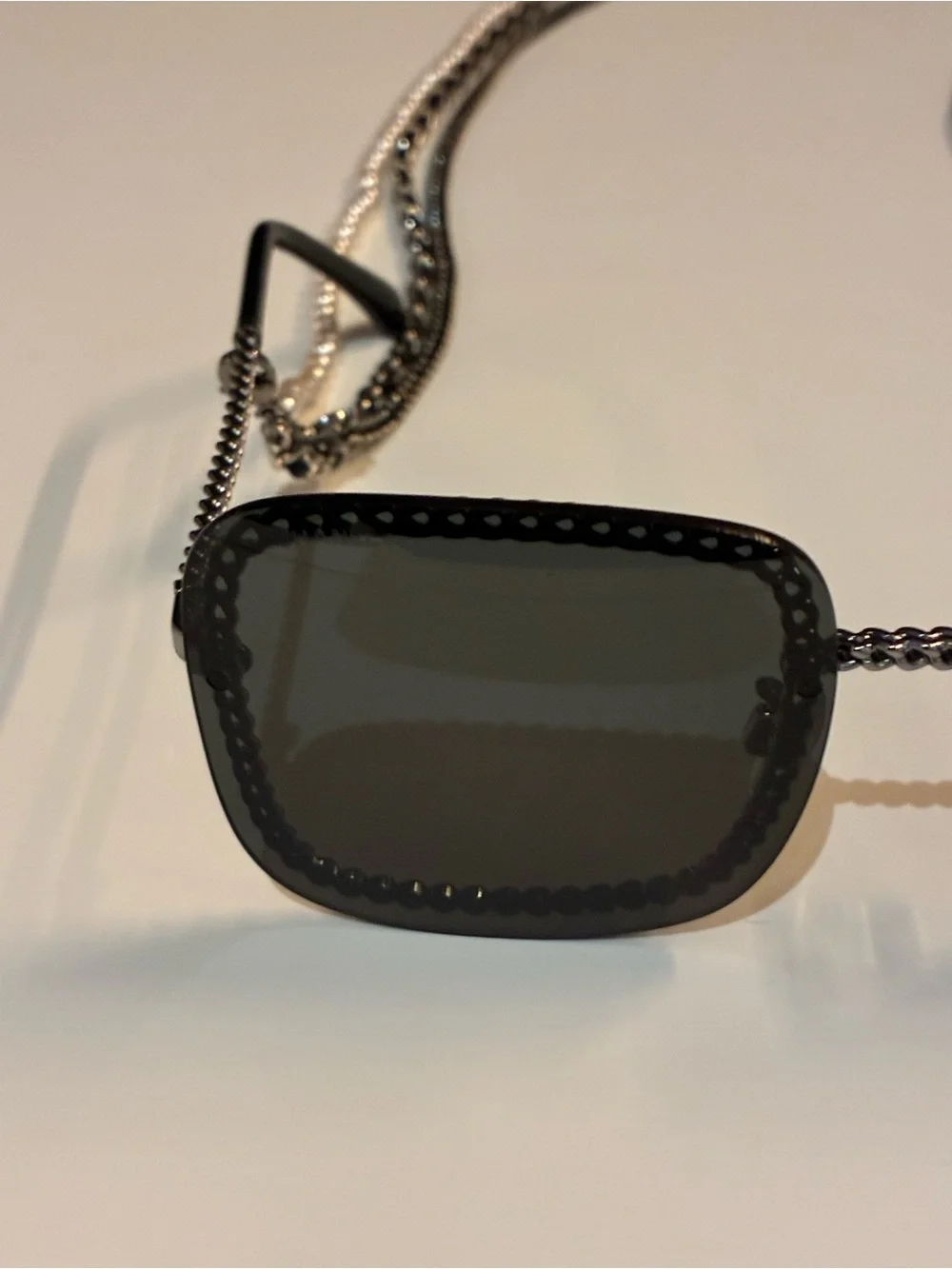 Chanel Women's Black Beaded Square Sunglasses with Chain